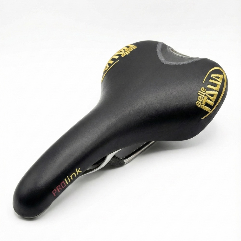 Selle Italia Prolink Bicycle Saddle Seat Black Leather Yellow Embroidery Cro-Mo